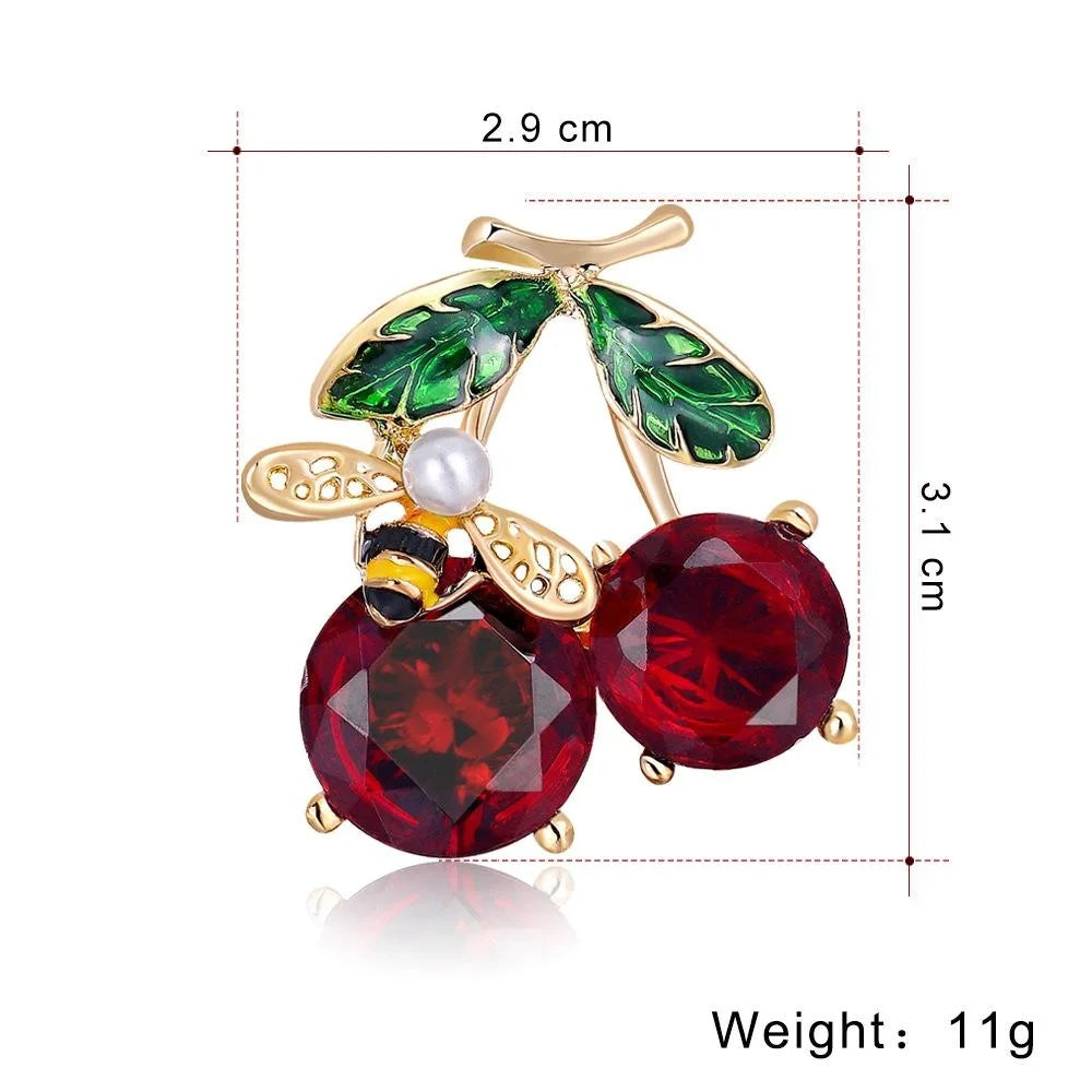 Cute Cherry Bee Enamel Rhinestone Brooch For Women, Alloy Lapel Pin Cardigan Clasp Suit Accessory Gift