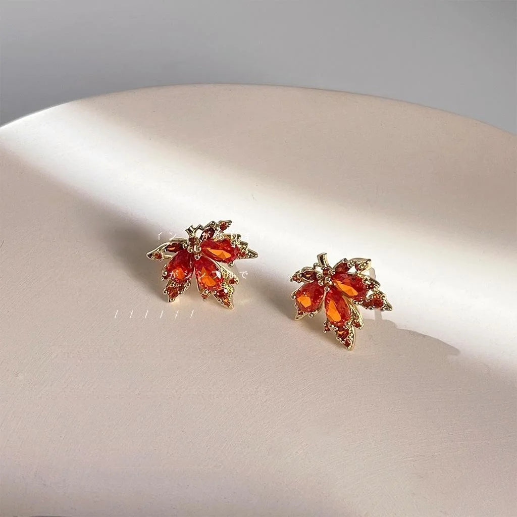 14K Plated Copper Red Maple Leaf Zircon Stud Earrings For Women, Unique Leaf Jewelry