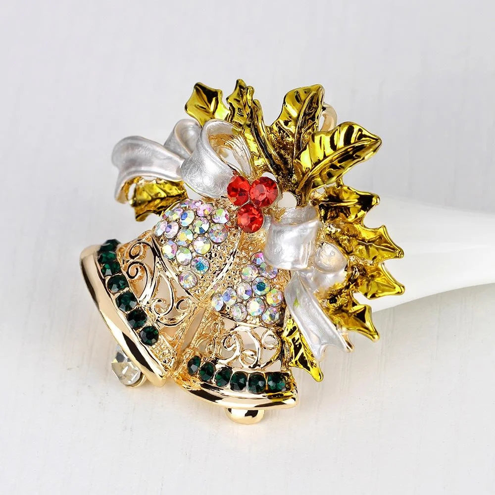 Luxury Christmas Bell Brooch With Pearl Bow, Rhinestone Holly Leaves, Elegant Lapel Pin Corsage Gift