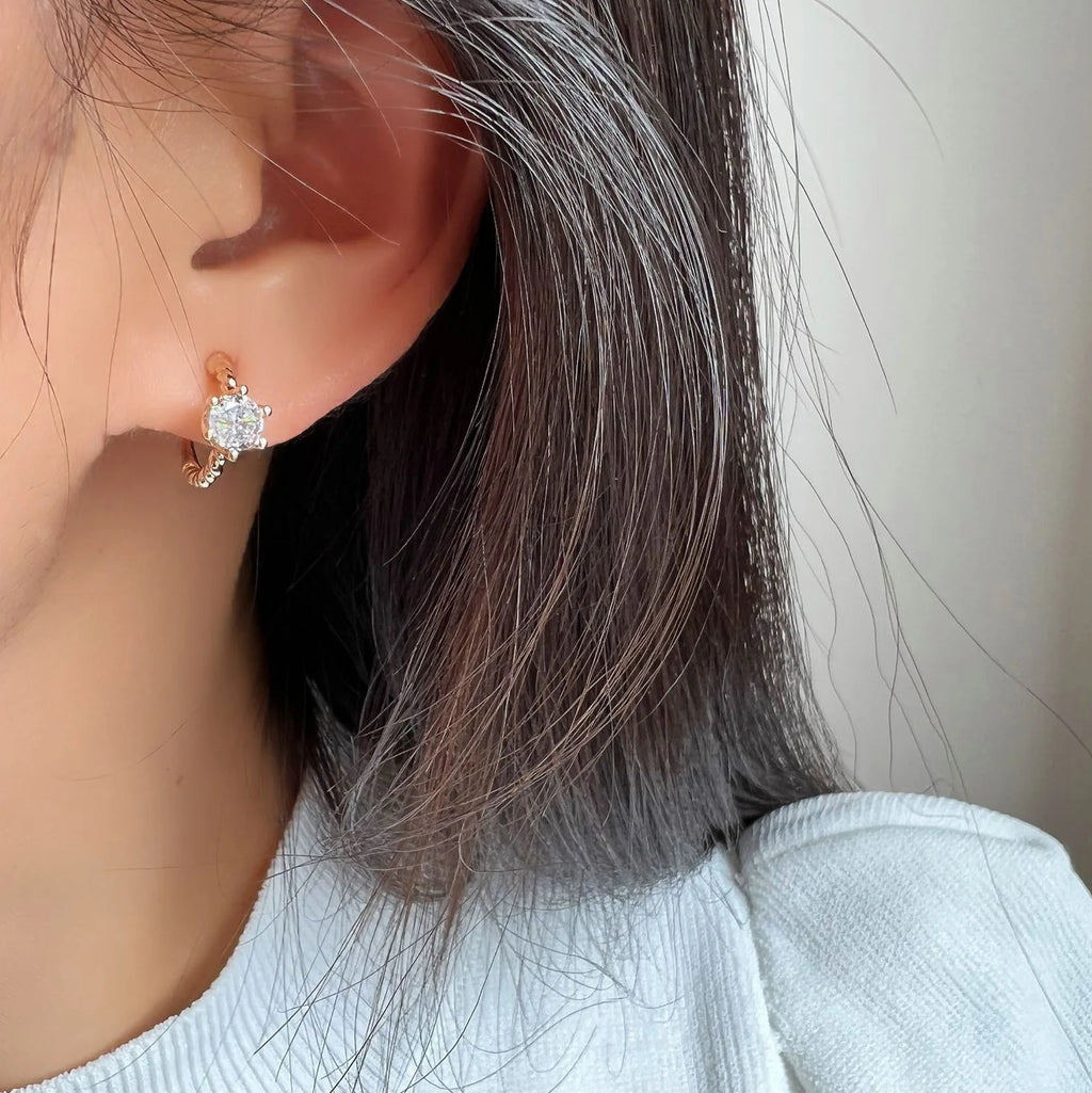 Elegant Zircon Spiral Disc Hoop Stud & Clip On No Piercing Rose Gold Plated Minimalist Women's Earrings