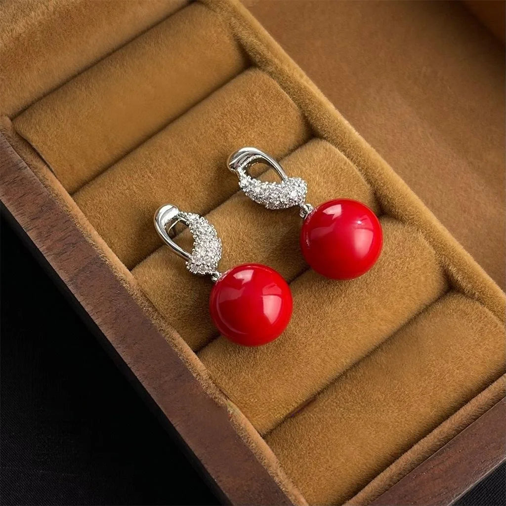 Vintage Red Glass Pearl Zircon Micro Pave Copper Drop Earrings With Silver Plated Posts