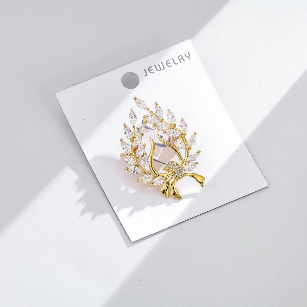Luxury Gold Wheat Sheaf Zircon Brooch, Elegant Harvest Leaf Lapel Pin Corsage For Coat Suit Gift