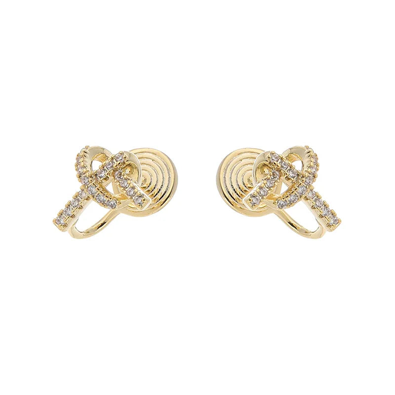 Elegant Pave Zircon Heart Knot Spiral Gold Alloy Stud & Clip On No Piercing Fashion Earrings