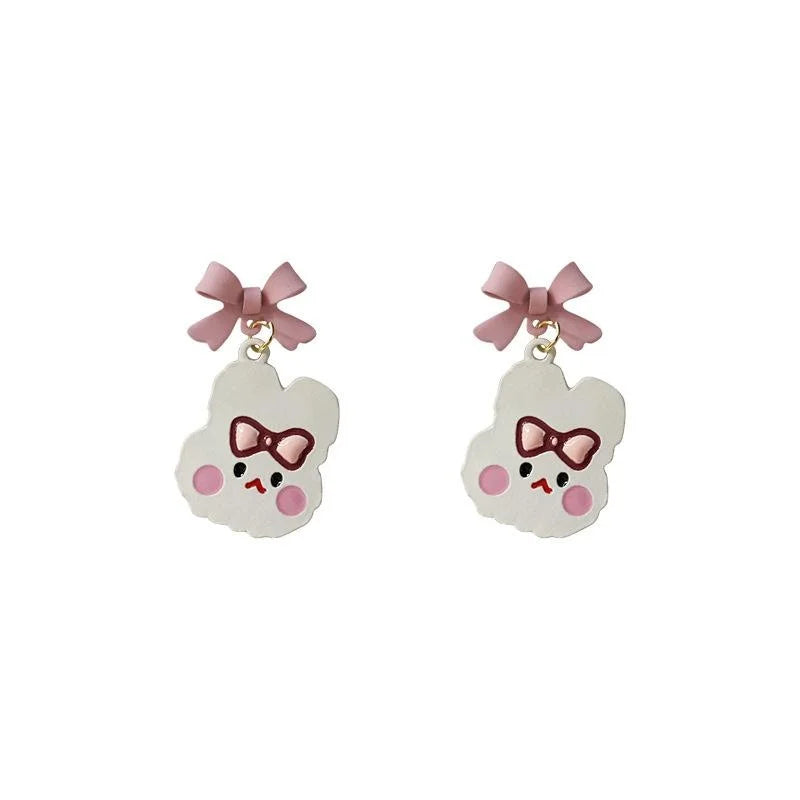Cute Enamel Bunny Bow Stud Earrings Silver Plated Pin Alloy Sweet Fashion Ear Jewelry