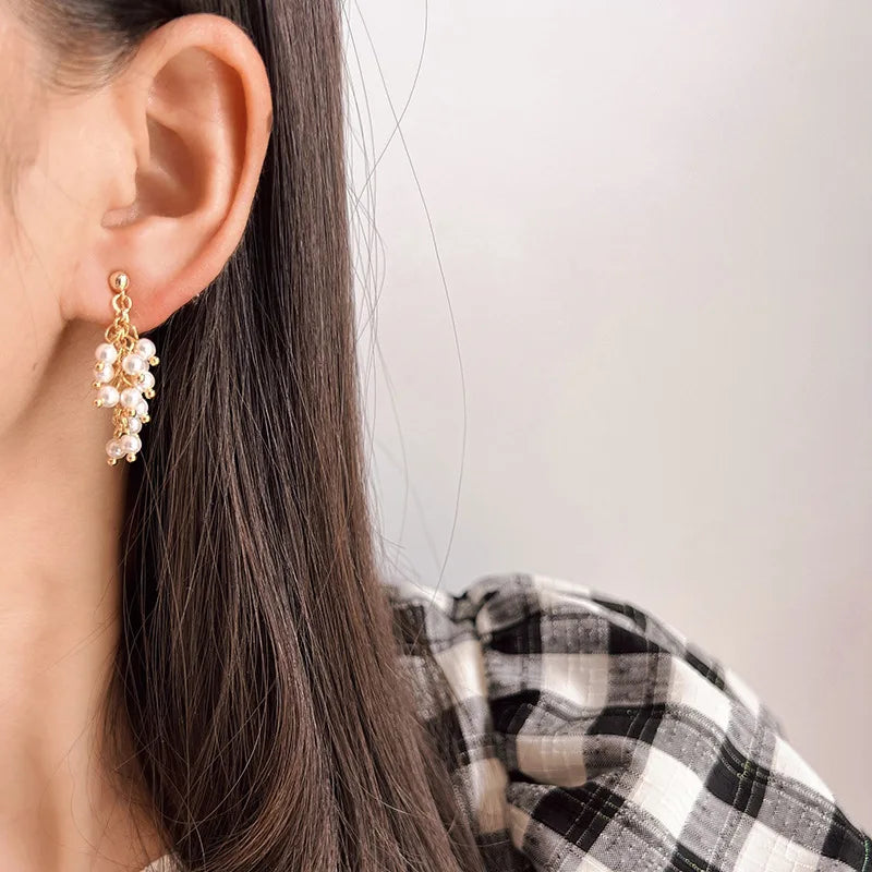 Elegant Handmade Faux Pearl Grape Cluster Tassel Gold Alloy Chain Stud & Clip On No Piercing Earrings