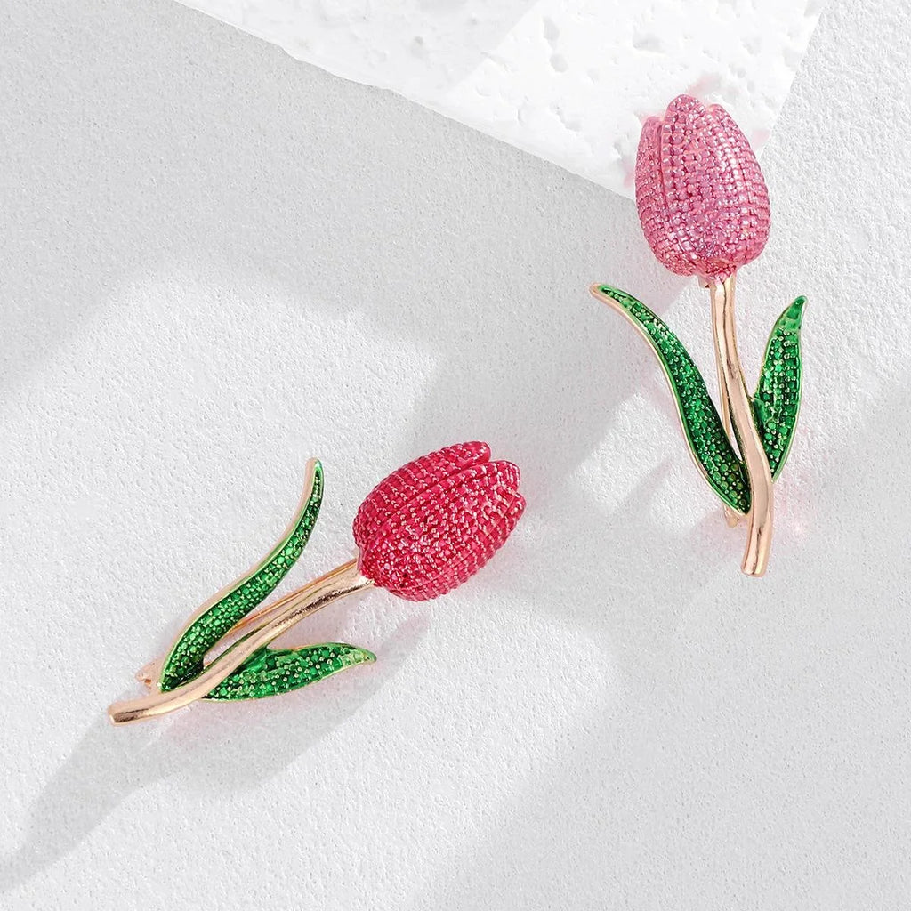 Elegant Pink Tulip Alloy Enamel Rhinestone Brooch, Floral Lapel Pin Corsage For Cardigan Shawl Gift