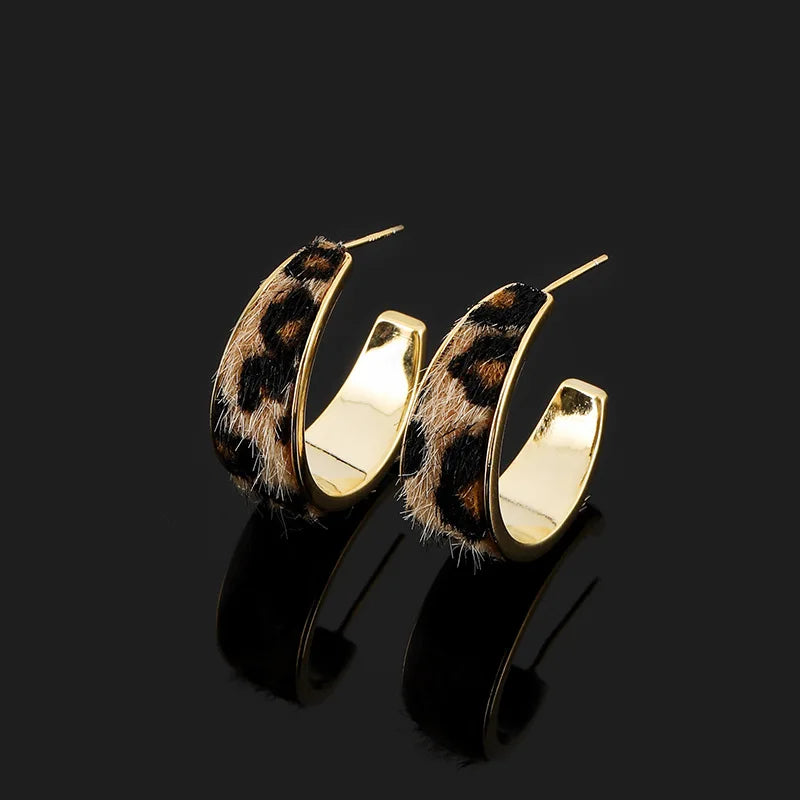 Vintage Gold Alloy Leopard Print Faux Fur C Hoop Stud & Clip On No Piercing Statement Earrings