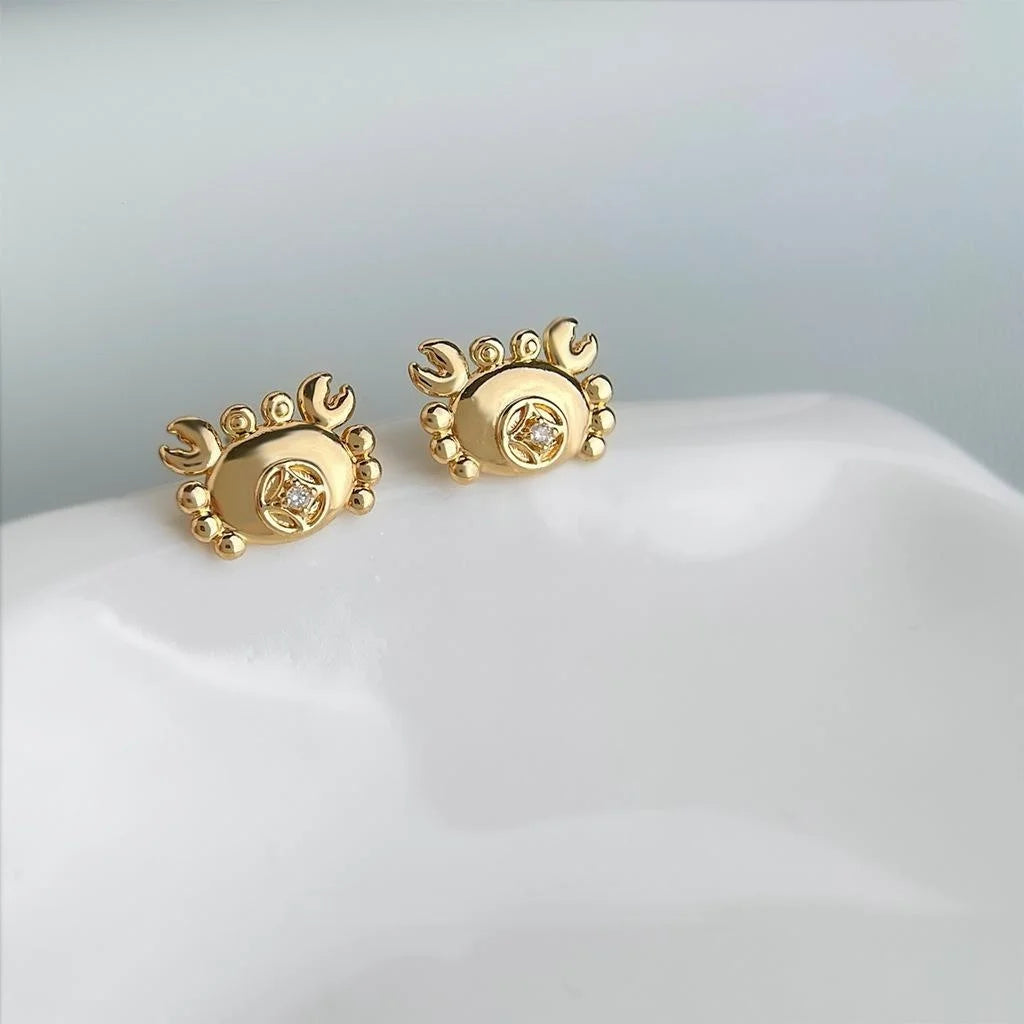 14K Gold Plated Copper Crab Stud Earrings With Micro Pave Zircon, Premium Minimalist Style