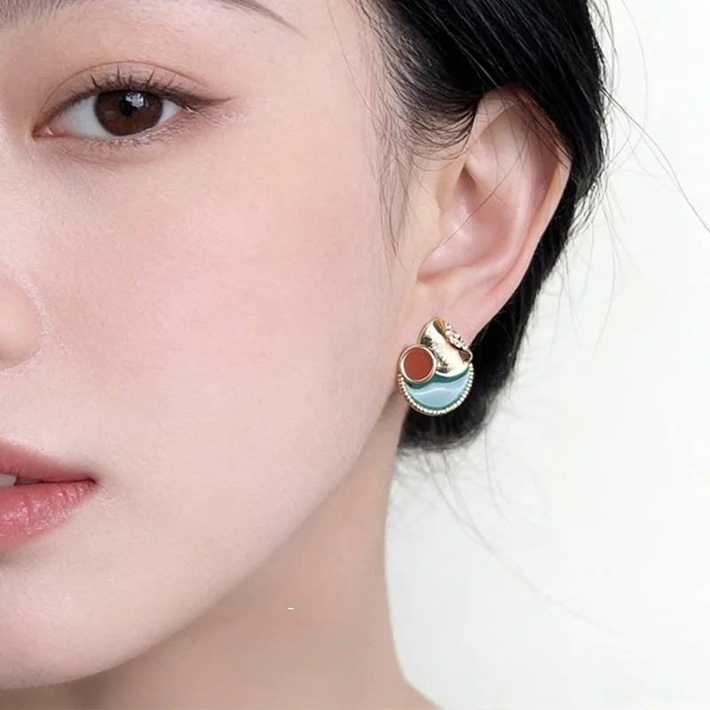 Niche Designer Geometric Enamel Copper Zircon Round Triangle U Shape Stud Earrings for Women