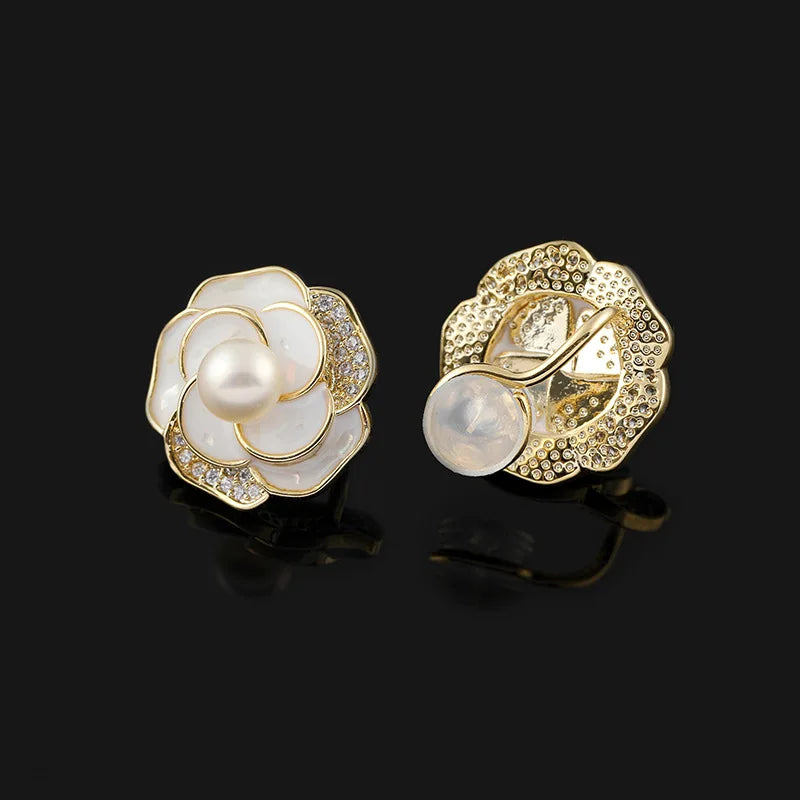 Elegant Luxury White Camellia Flower Pearl Enamel Rhinestone Stud & Clip On No Piercing Earrings