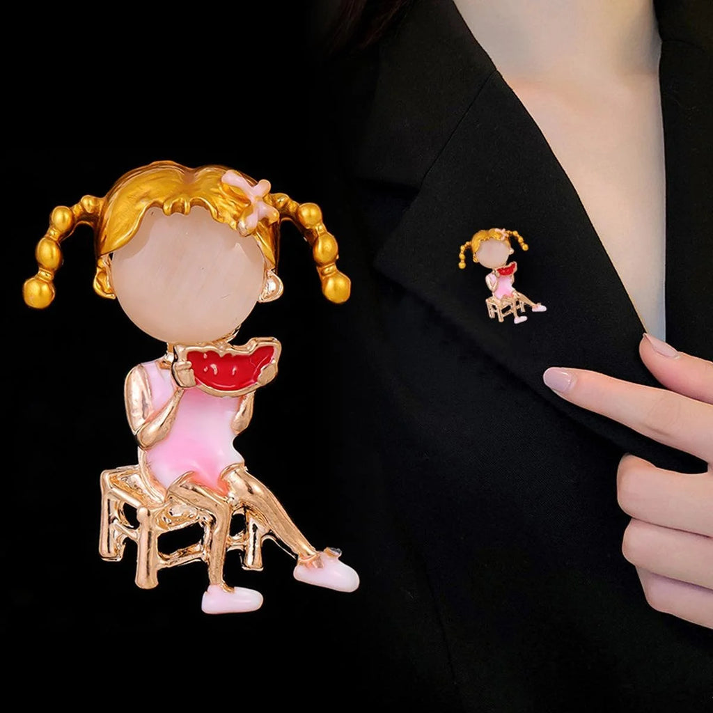 Cute Enamel Little Girl Eating Watermelon Brooch, Gold Tone Alloy Lapel Pin Corsage Suit Accessory Gift