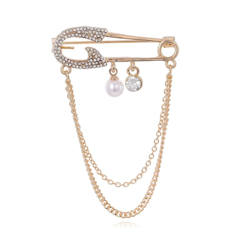 Elegant Gold Alloy Safety Pin Brooch With Rhinestone Pearl Drops And Chain, Women's Lapel Pin Gift
