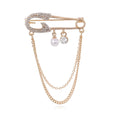 Elegant Gold Alloy Safety Pin Brooch With Rhinestone Pearl Drops And Chain, Women's Lapel Pin Gift
