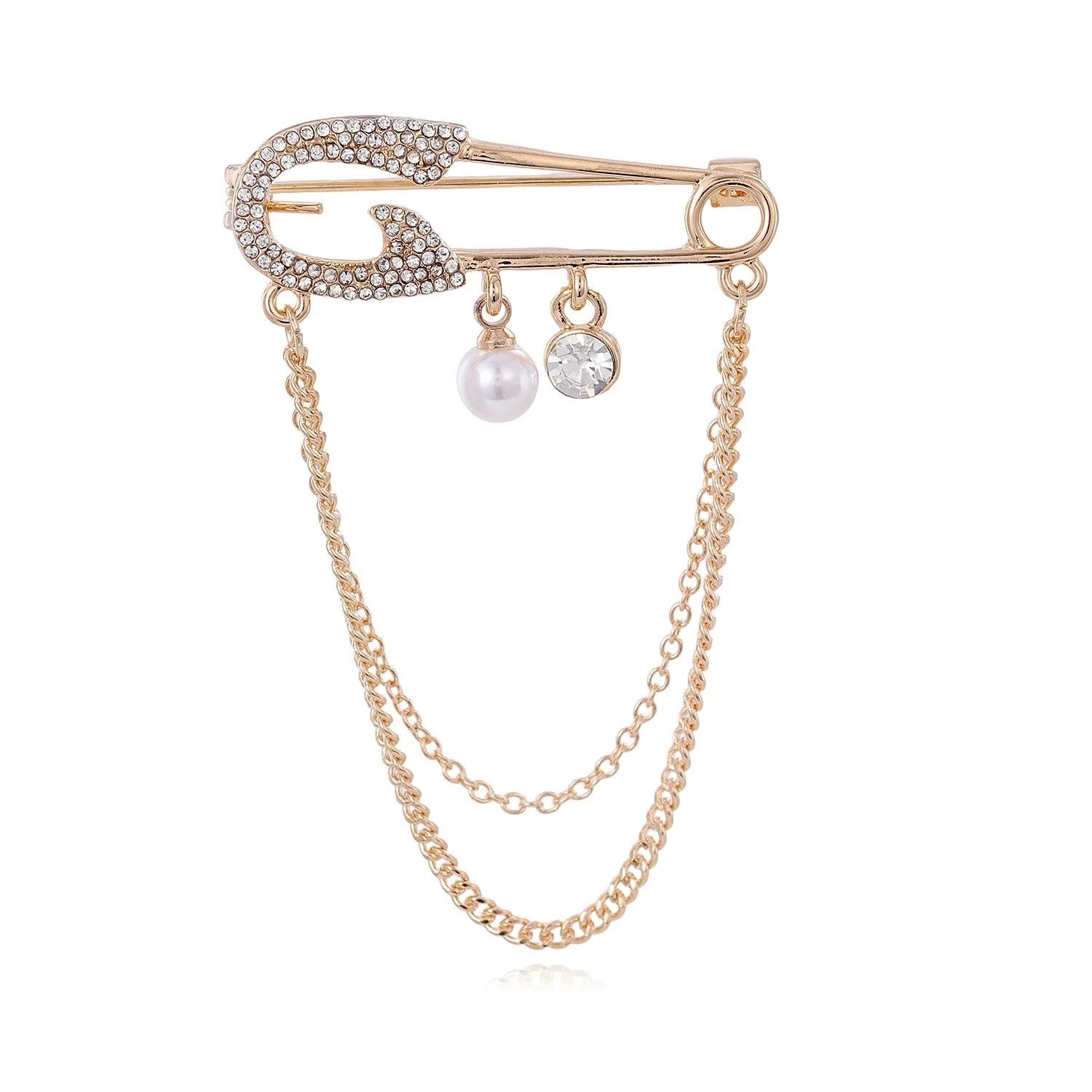 Elegant Gold Alloy Safety Pin Brooch With Rhinestone Pearl Drops And Chain, Women's Lapel Pin Gift