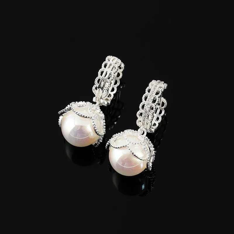 Elegant French Lace Filigree Spiral Circle Pink Pearl Rhinestone Stud & Clip On No Piercing Earrings