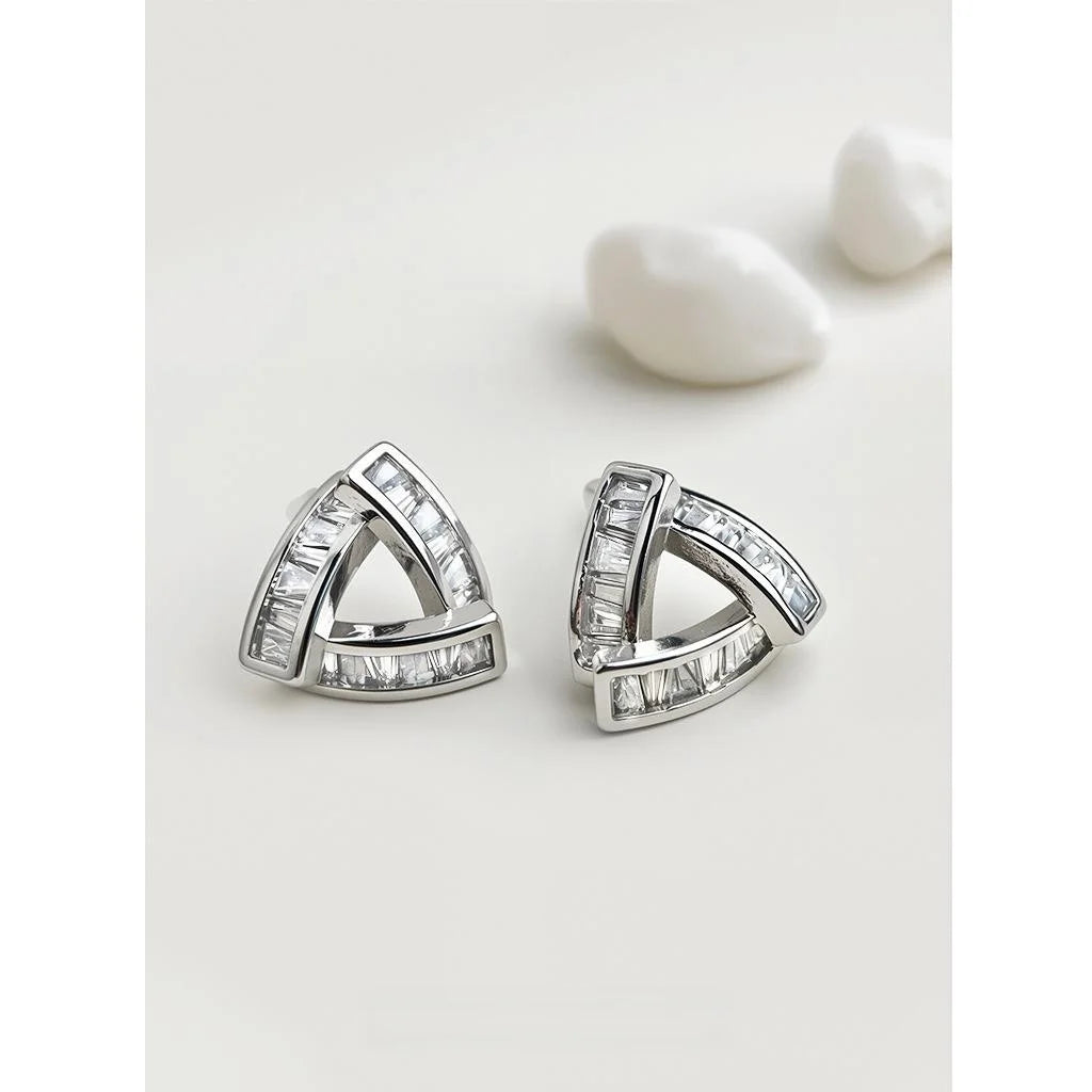 Luxury Micro Pave Zircon Copper Stud Earrings Silver Plated Geometric Hollow Triangle Design