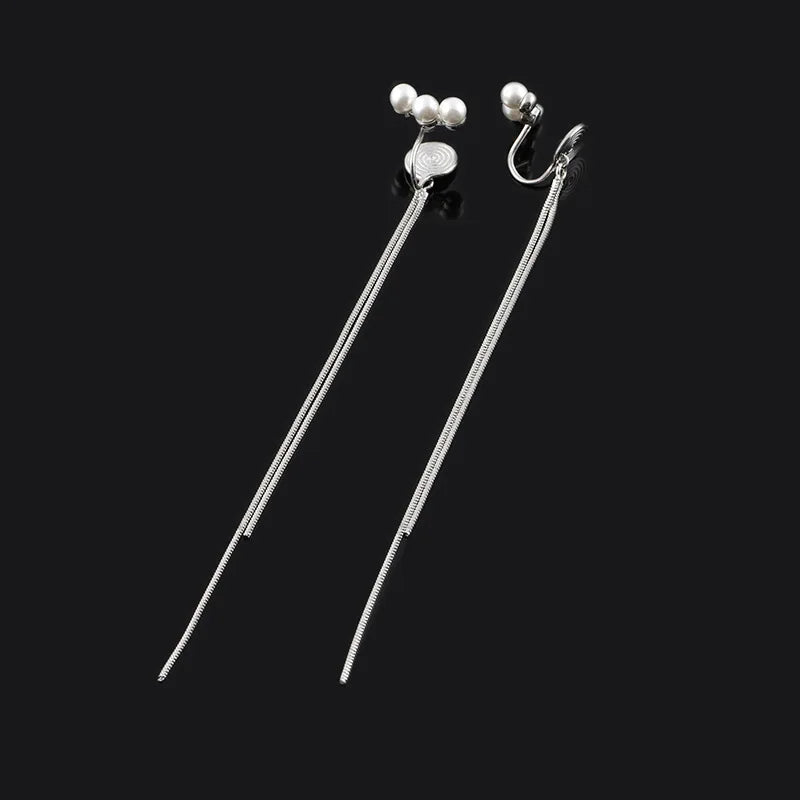 Elegant Pearl Spiral Disc Long Chain Tassel Alloy Stud & Clip On No Piercing Drop Earrings