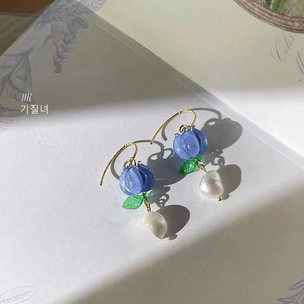 Handmade Forest Style Glass Crystal Freshwater Pearl Lotus Pod Floral Drop Earrings