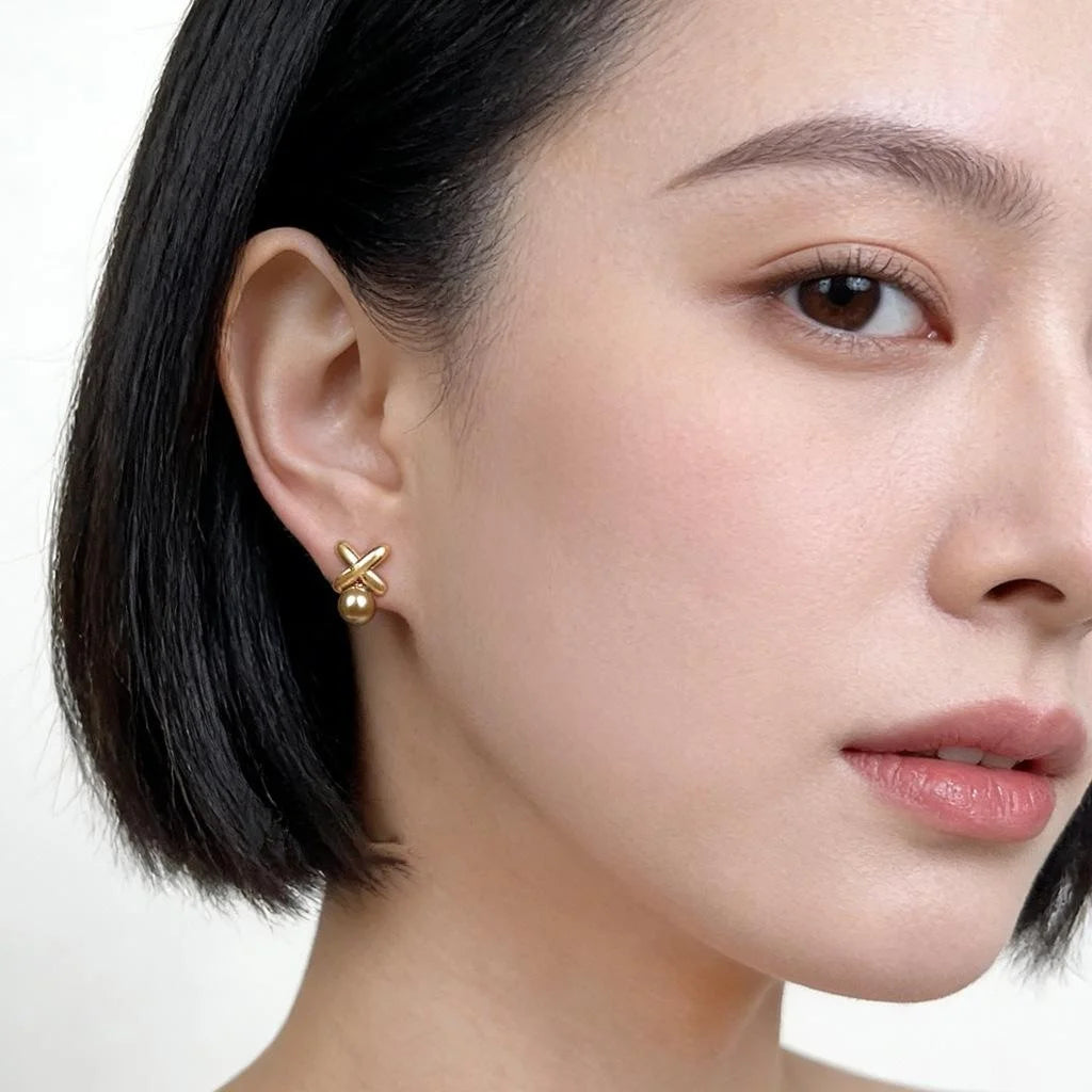 14K Plated Eco Copper Glass Pearl Stud Earrings, Minimalist Floral Line Fashion Jewelry