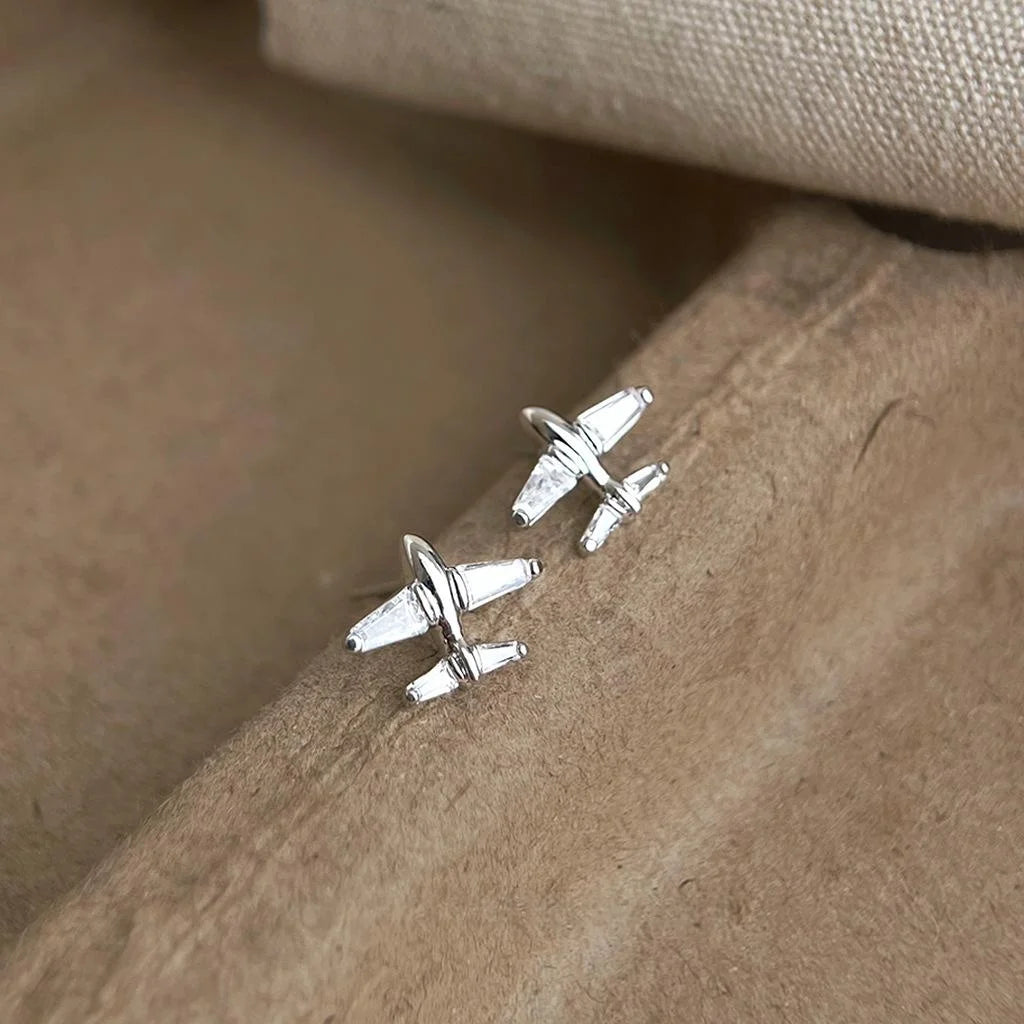 Copper Zircon Airplane Stud Earrings Style Geometric Designer Ear Jewelry