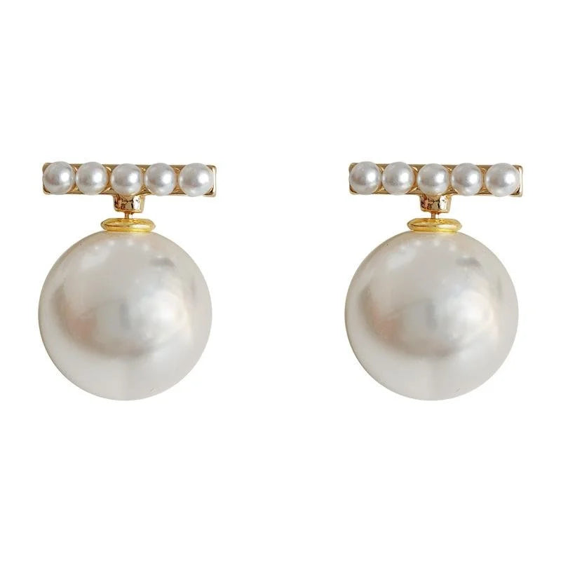 Light Luxury Faux Pearl Stud Earrings Silver Plated Geometric Round Minimalist Two Way Ear Jewelry
