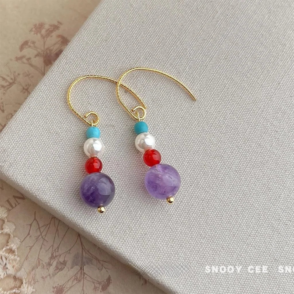 Handmade New Chinese Style Geometric Round Red Agate Amethyst Glass Pearl Turquoise Drop Earrings