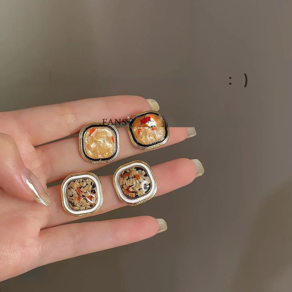 Hong Kong Style 14K Plated Seaweed Green Resin Geometric Square Stud Earrings For Women