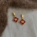 Vintage Enamel Glazed Copper Flower Drop Earrings, French Minimalist Hong Kong Style