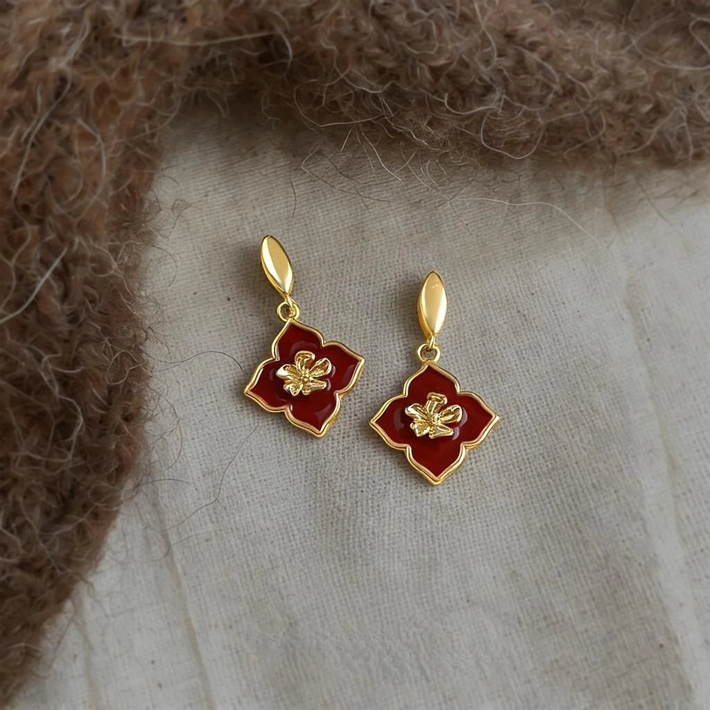 Vintage Enamel Glazed Copper Flower Drop Earrings, French Minimalist Hong Kong Style