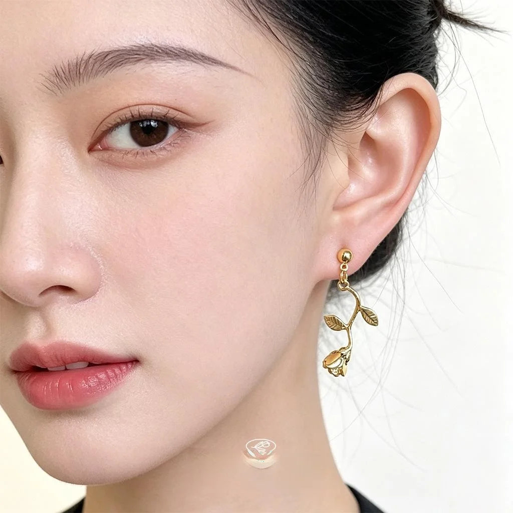 French Vintage 14K Rose Gold Plated Alloy Rose Flower Drop Earrings for Women