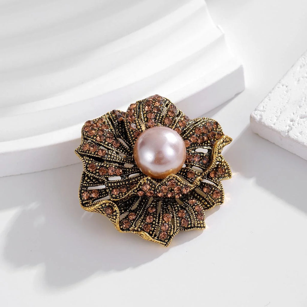 Vintage Rose Flower Brooch With Faux Pearl And Amber Rhinestones, Elegant Lapel Pin Suit Accessory Gift
