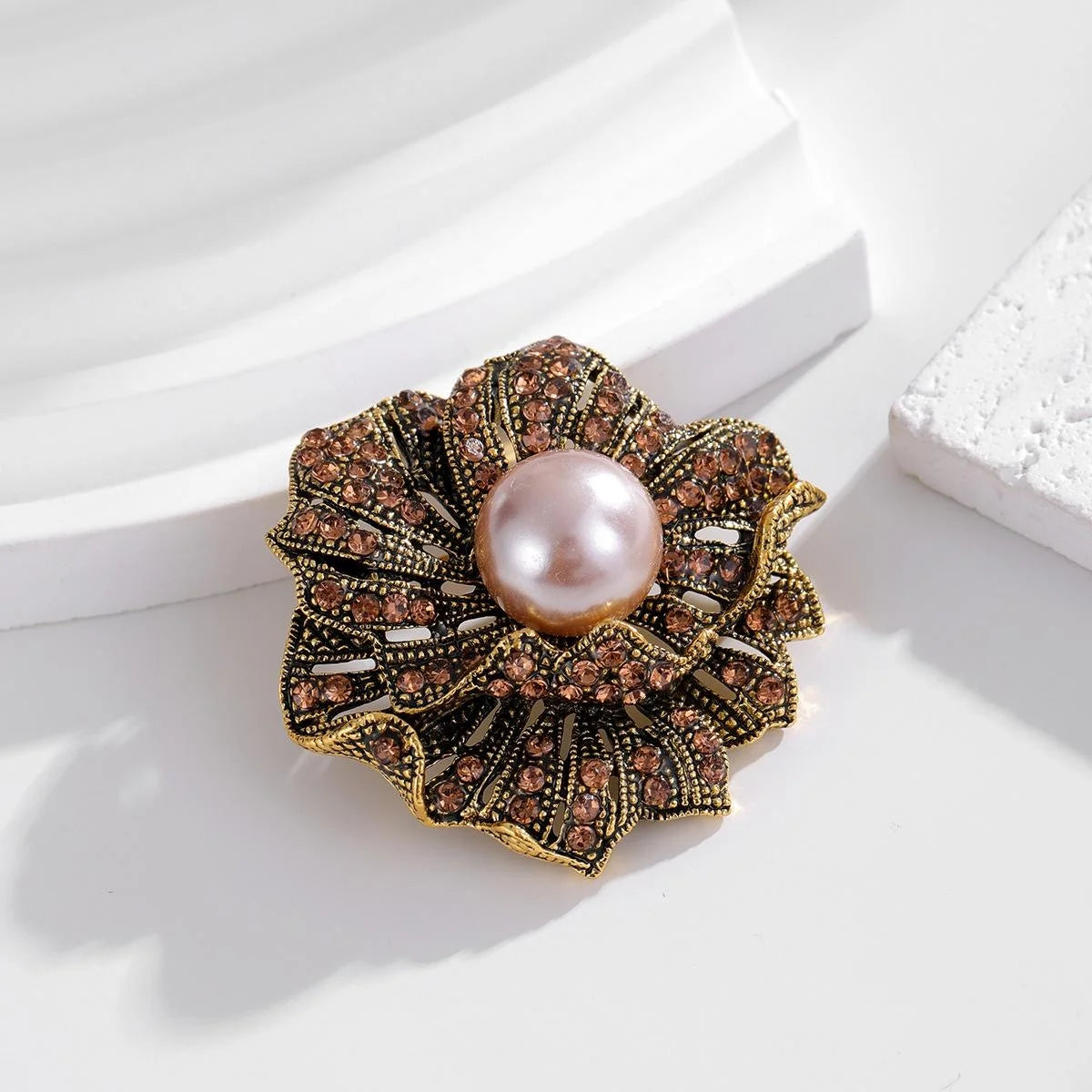 Vintage Rose Flower Brooch With Faux Pearl And Amber Rhinestones, Elegant Lapel Pin Suit Accessory Gift