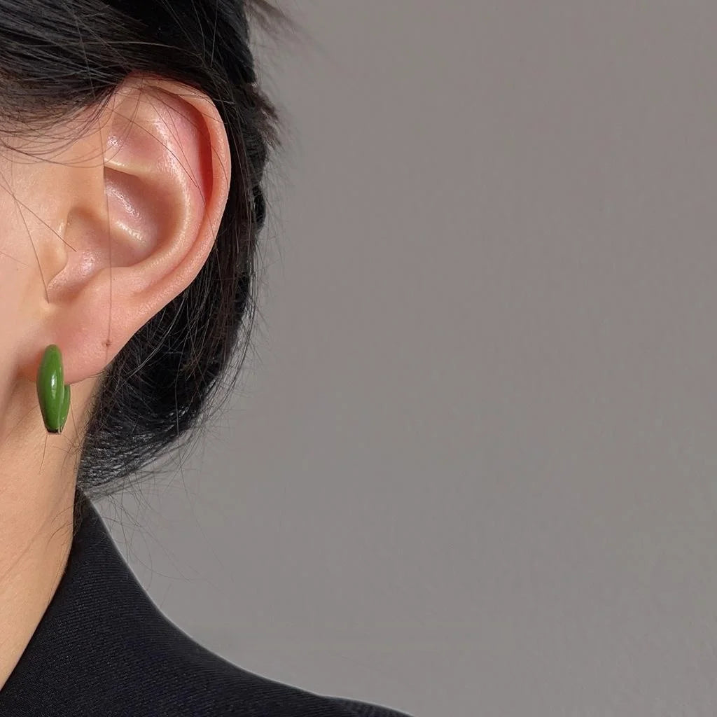 French Vintage Green Enamel Copper Hollow Round Hoop Stud Earrings Minimalist Geometric Jewelry