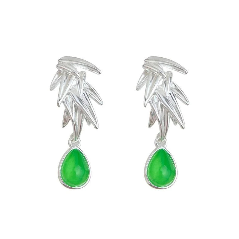 Vintage Silver Plated Copper Bamboo Leaf Drop Earrings New Chinese Ethnic Style Jewelry