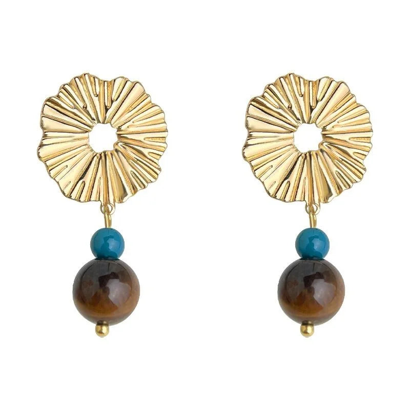 Vintage Natural Tiger Eye Stone Seed Bead Geometric Hoop Drop Earrings For Women