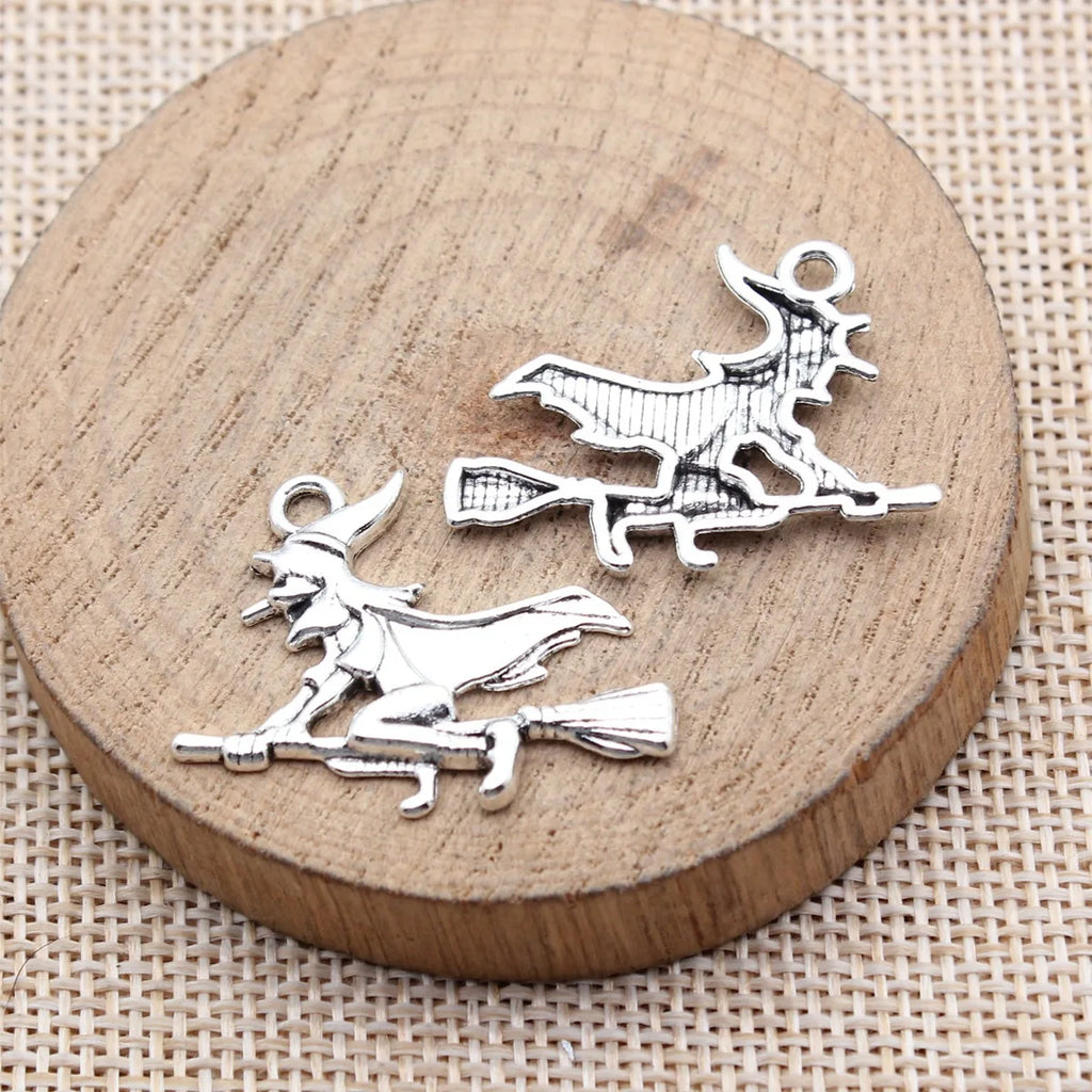 30x23mm 1.6g Zinc Alloy Witch on Broom Charm Pendant for DIY Halloween Jewelry Making