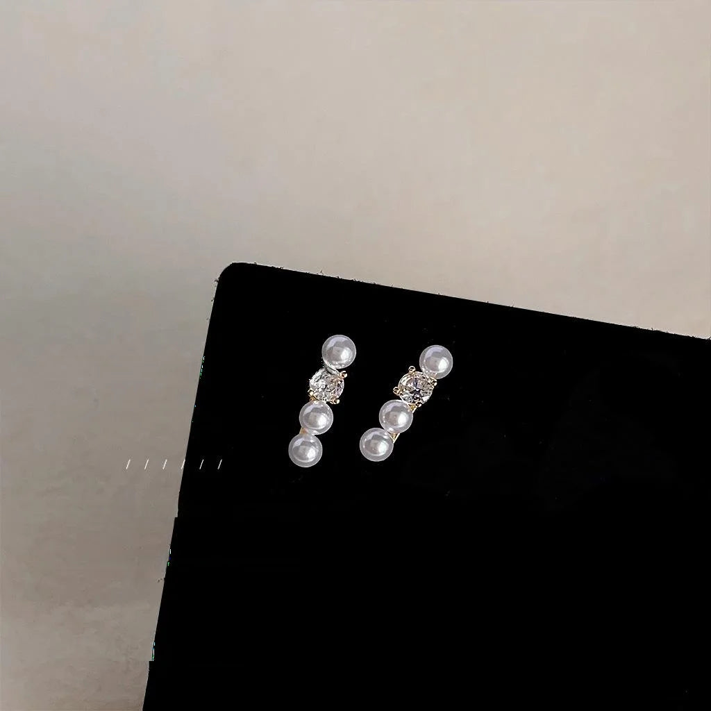 Minimalist French Pearl Bar Stud Earrings Copper Micro Pave Zircon Geometric Jewelry