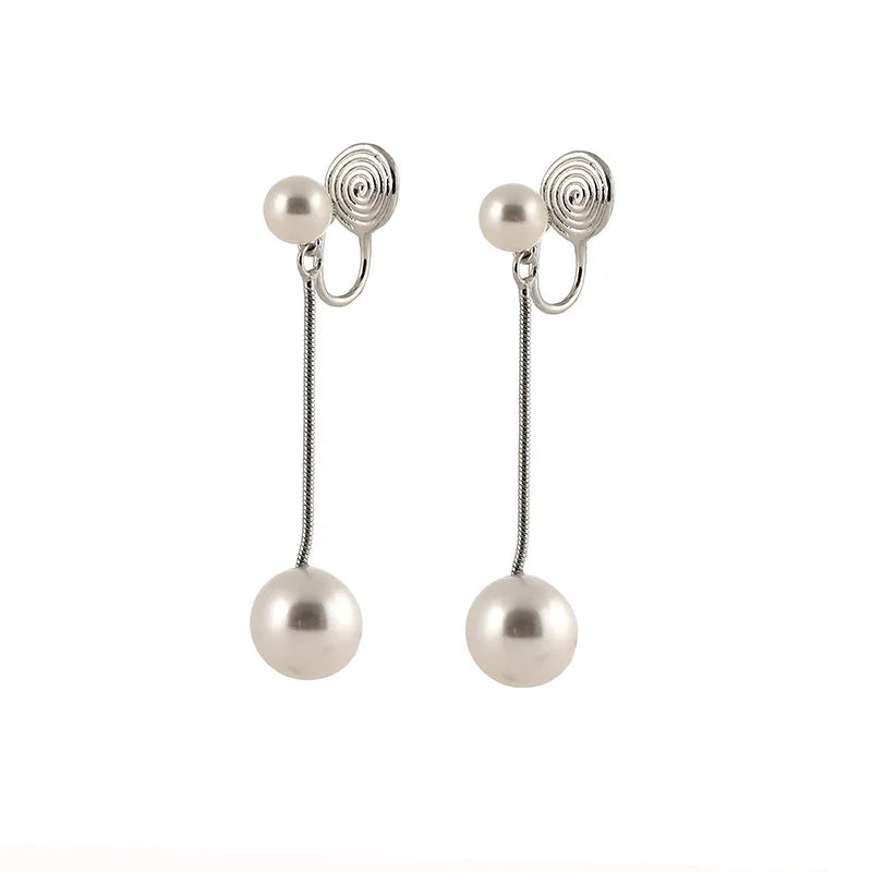 Elegant Spiral Pearl Tassel Drop Stud & Clip On No Piercing Silver Alloy Women's Fashion Earrings