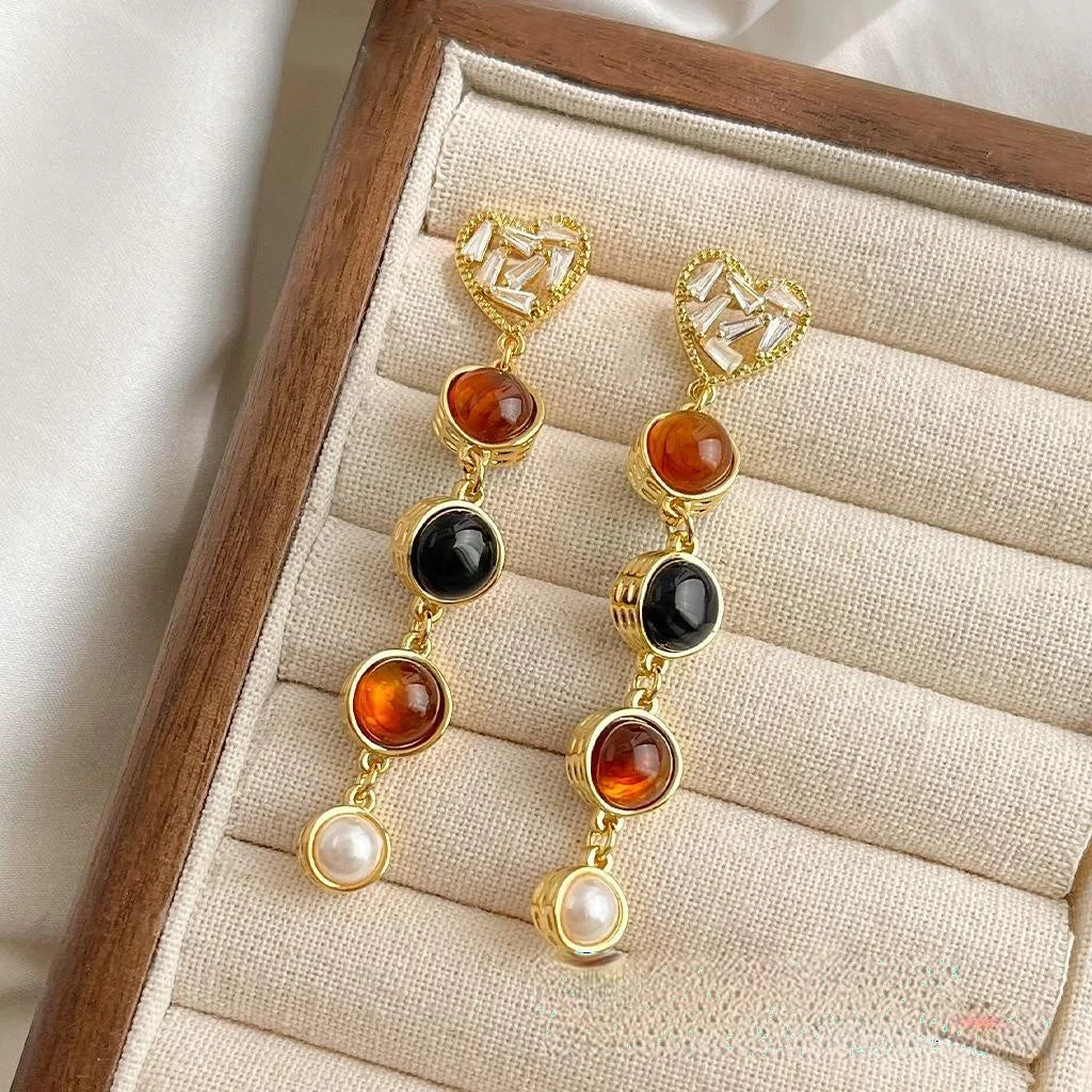 French Vintage Black Onyx Resin Pearl Heart Tassel Drop Earrings With Micro Pave Zircon