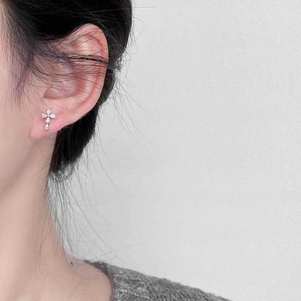 Copper Micro Pave Zircon Mini Cross Stud Earrings Minimalist Geometric Jewelry