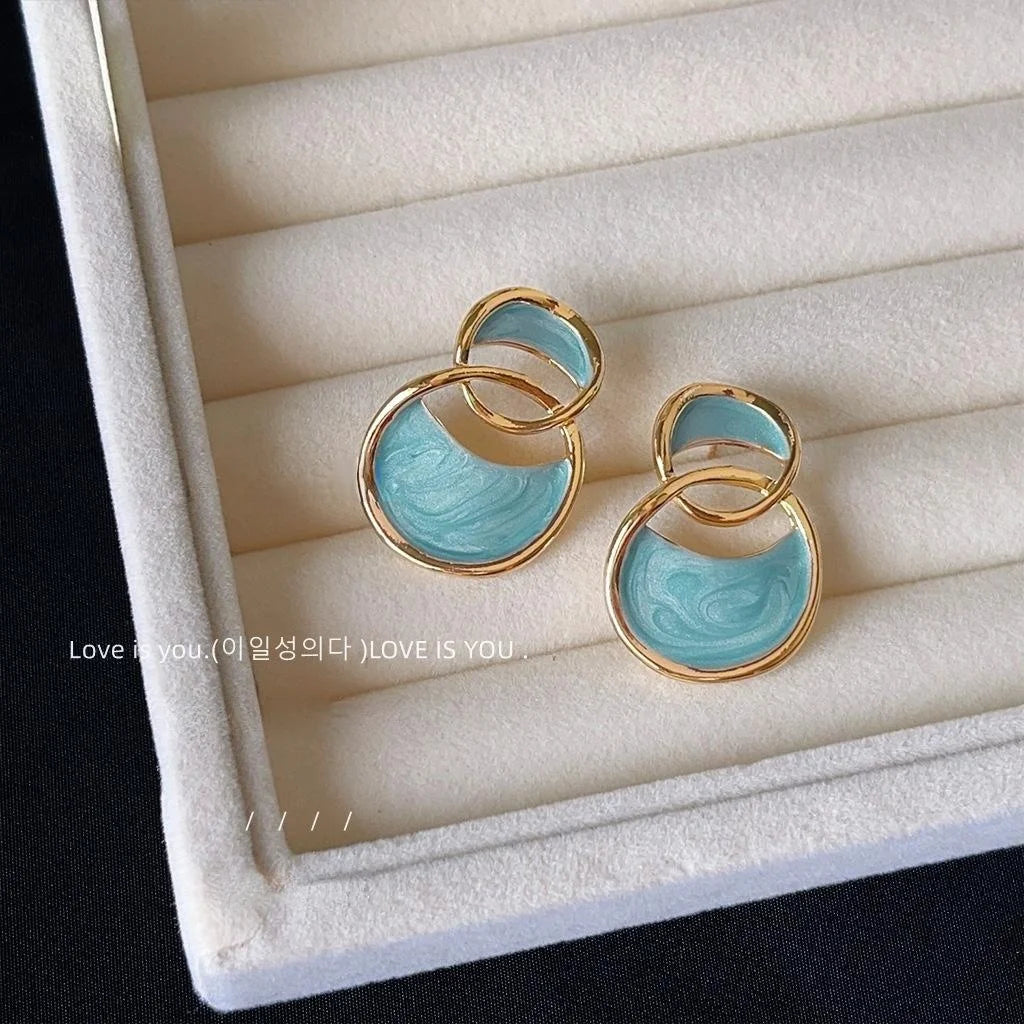14K Plated Alloy Geometric Drip Glaze Stud Earrings For Women Korean Luxury Style