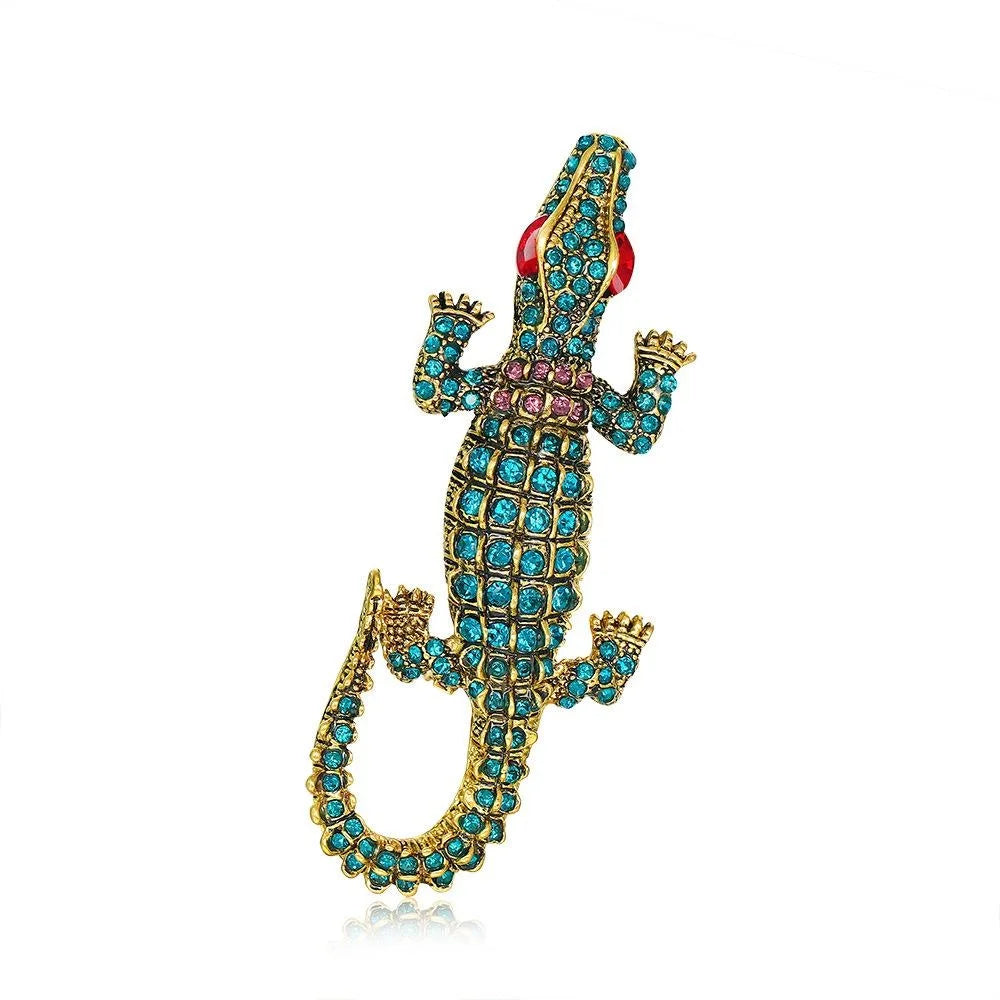 Luxury Blue Rhinestone Crocodile Brooch, Gold Tone Alloy Animal Lapel Pin Corsage Suit Accessory Gift