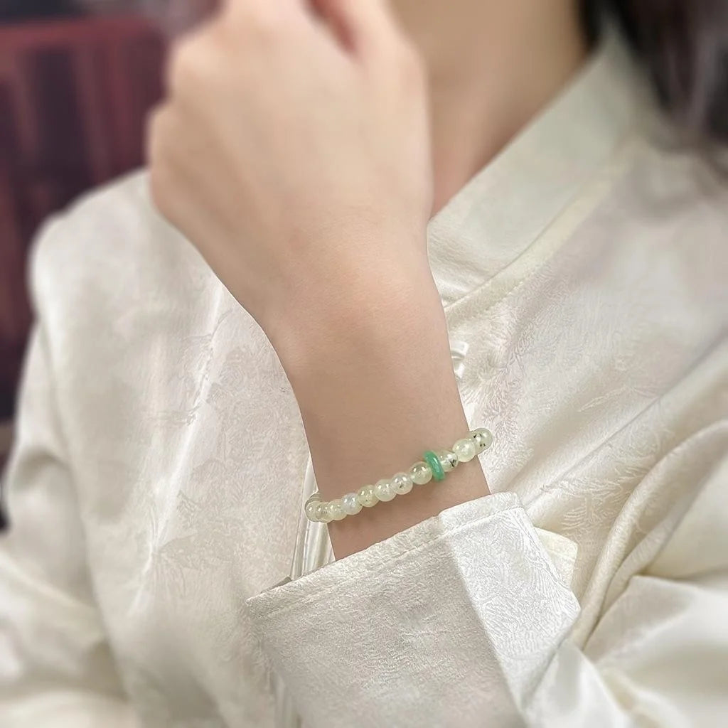 New Chinese Style Natural Stone Prehnite Crystal Bracelet For Women With Geometric Round Ring Design