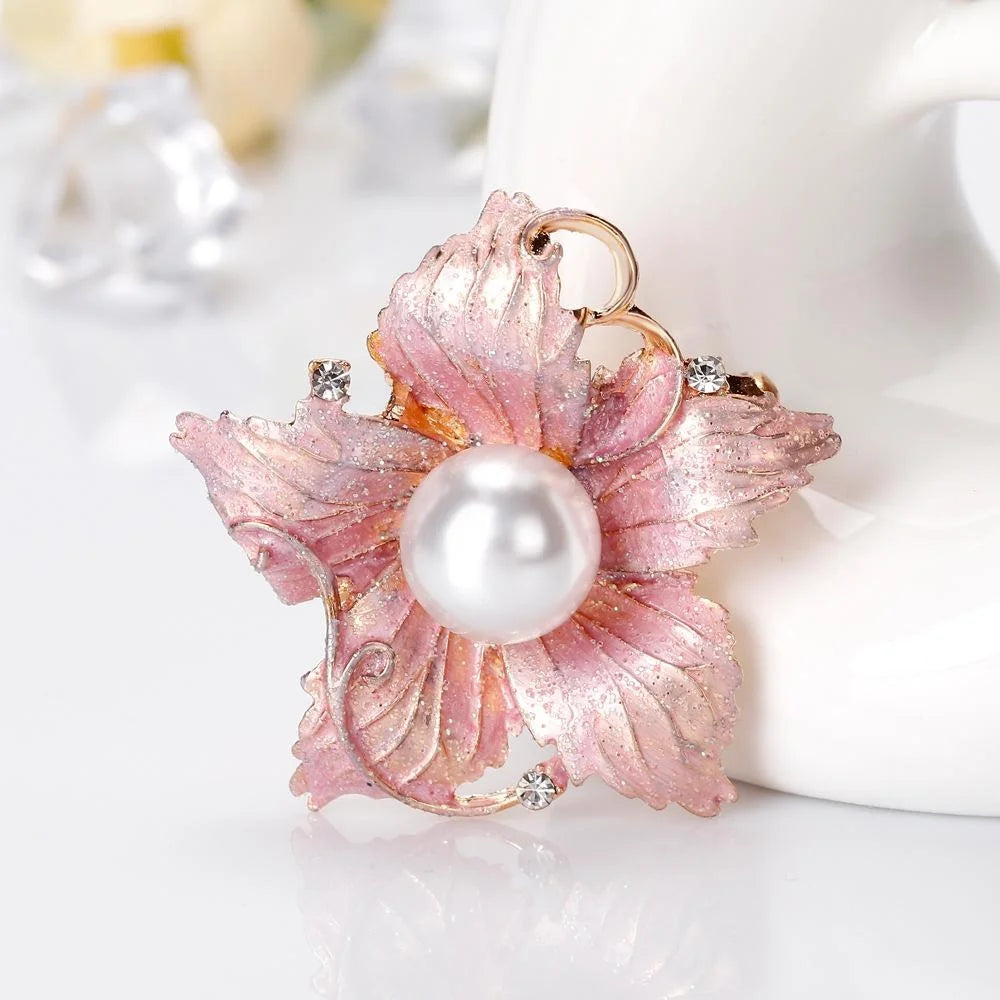 Elegant Pink Enamel Flower Brooch With Faux Pearl Rhinestones, Alloy Lapel Pin Corsage Gift