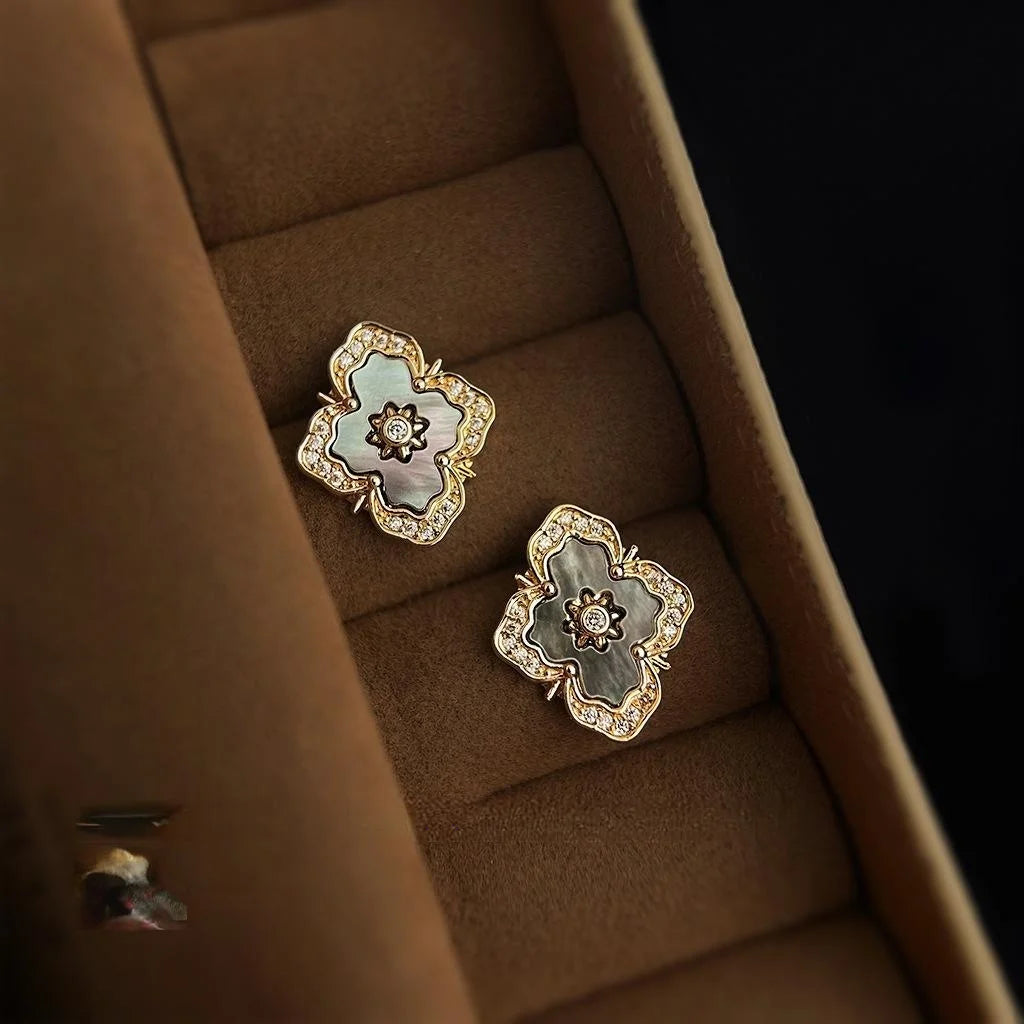 French Vintage Real Shell Cross Stud Earrings With Micro Pave Zircon 14K Plated