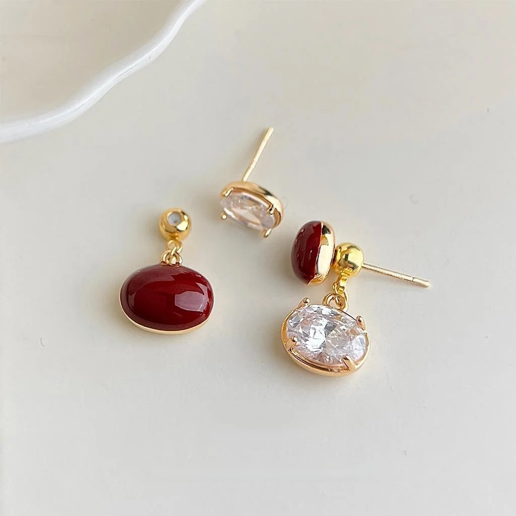 Vintage Hepburn Wine Red Enamel Zircon Copper Geometric S Drop Earrings