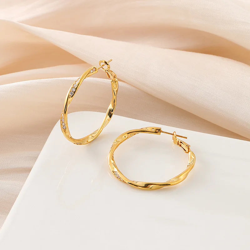 Elegant Hong Kong Style Gold Twisted Hoop Zircon Alloy Stud & Clip On No Piercing Women's Earrings