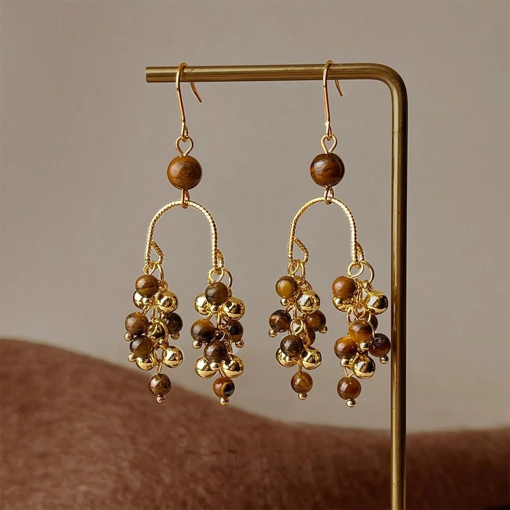 Vintage Maillard Tiger Eye Stone Copper Long Tassel Drop Earrings Geometric Round Statement Jewelry
