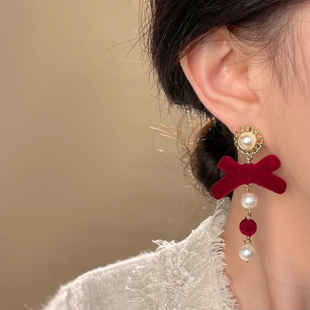 Original Design Winter Flocked Bow Long Drop Earrings Copper Handmade Christmas Jewelry