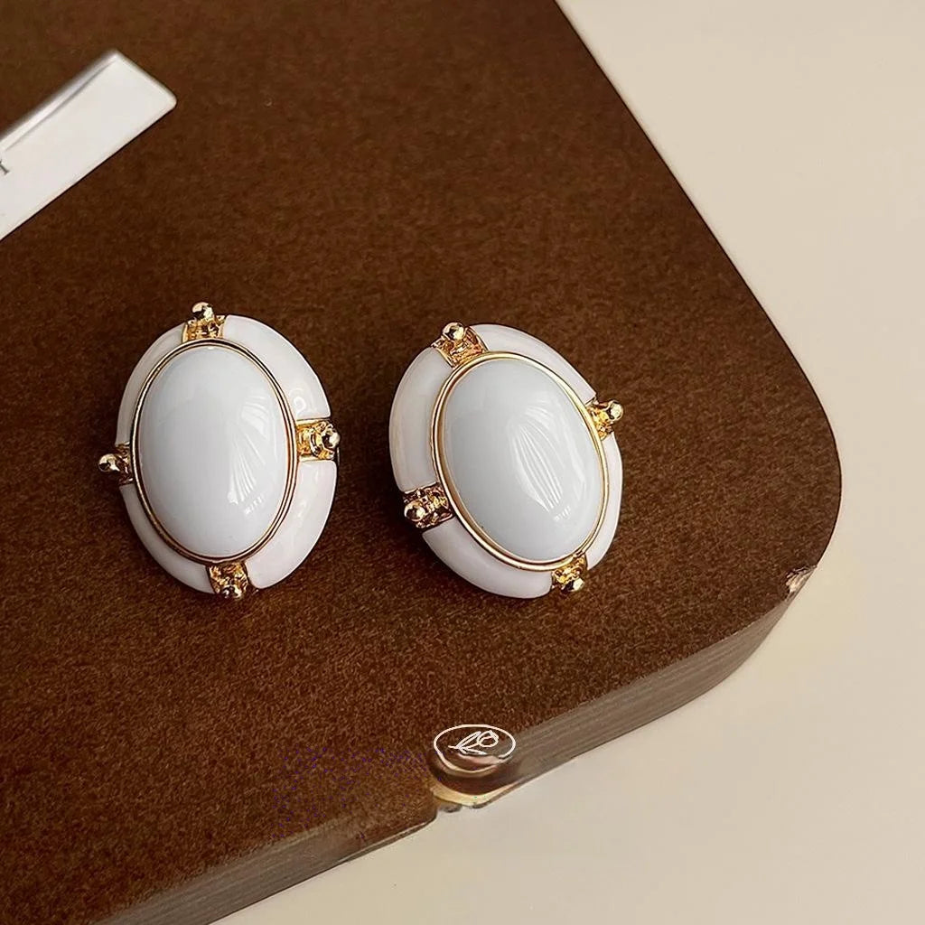 Platinum Tone Eco Copper French Vintage Oval Enamel Palace Style Drop Earrings